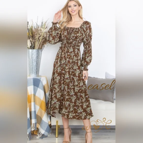 NWT EASEL Brown Floral Square Neck Dress - Picture 1 of 6